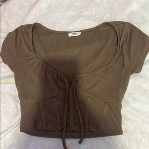ardene short sleeve, brown, tie front crop top